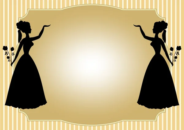 Mirror silhouette of a Victorian lady with a bouquet of roses on a pale yellow striped background. Place for your own text - invitation to a dance, feast, celebration, cultural program. — Stock Vector