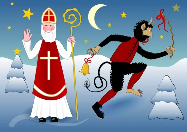 Bendición de San Nicolás en ropa blanca tradicional con cruz, mitra, un crosier. Junto a él loco diablo bailando con un azote y una campana. La escena en invierno nevado paisaje nocturno con luna — Vector de stock