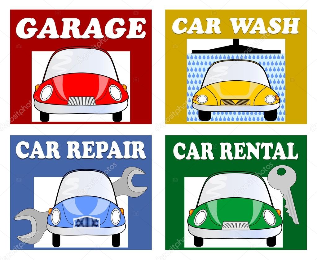 Services for motorists and drivers - garage, car wash, car repair, car rental. Set of multicolored billboards with car cartoon and white inscription. Infographic pictograms for navigation.