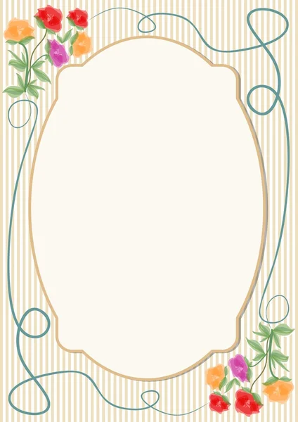 Plantilla vintage para anuncio, invitación, volante, póster con suave motivo floral tierno sobre fondo rayado. Marco para mensaje de texto propio . — Vector de stock