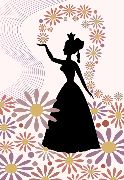 Silhouette of a lady with royal crown, throwing flowers over her head. Romantic spring motif with queen of spring in tender pink and purple. Beautiful decoration for spring design — Stock Vector