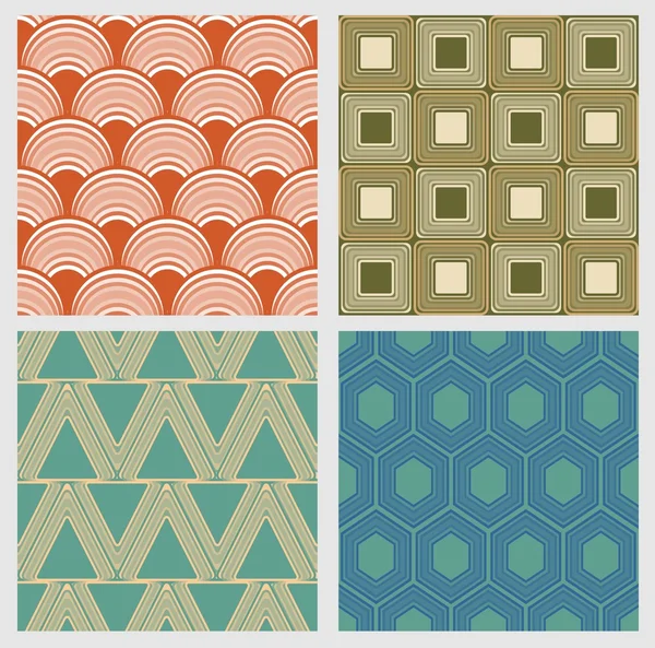 Simple geometric seamless patterns in retro style. Set of seamless tile in red, green and blue, decorated with circle, square, triangle and hexagonal ornament. — Stock Vector