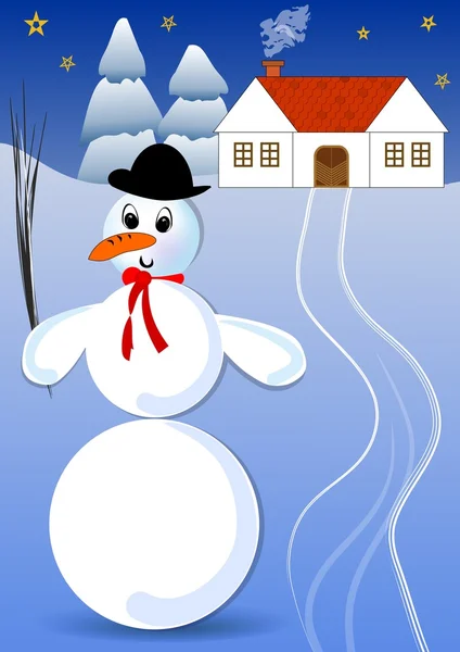 Muñeco de nieve con sombrero de jugador de bolos en un paisaje nevado con casa rural y abetos. Imagen idílica de invierno oscuro, la nieve iluminó el paisaje oscuro — Archivo Imágenes Vectoriales