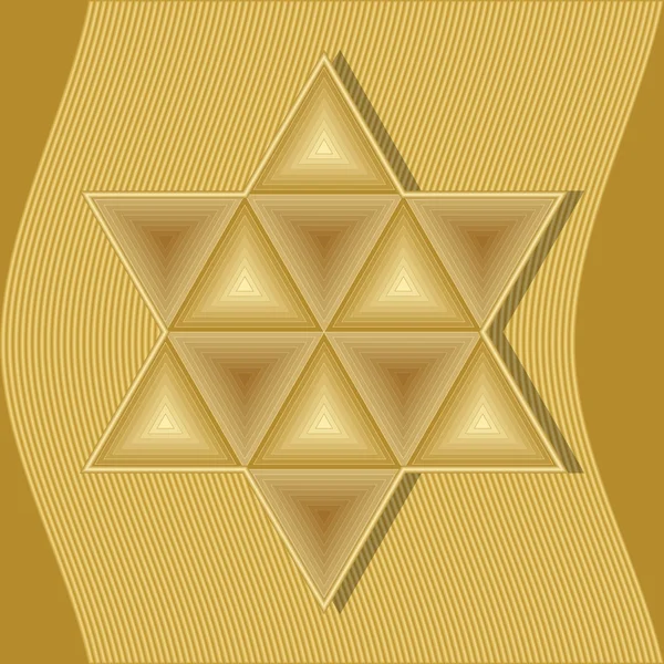Stella David, simbolo di ebreo, giudaismo e Israele composta da triangoli dorati goffrati su sfondo ondulato astratto dorato. Segno di equilibrio — Vettoriale Stock
