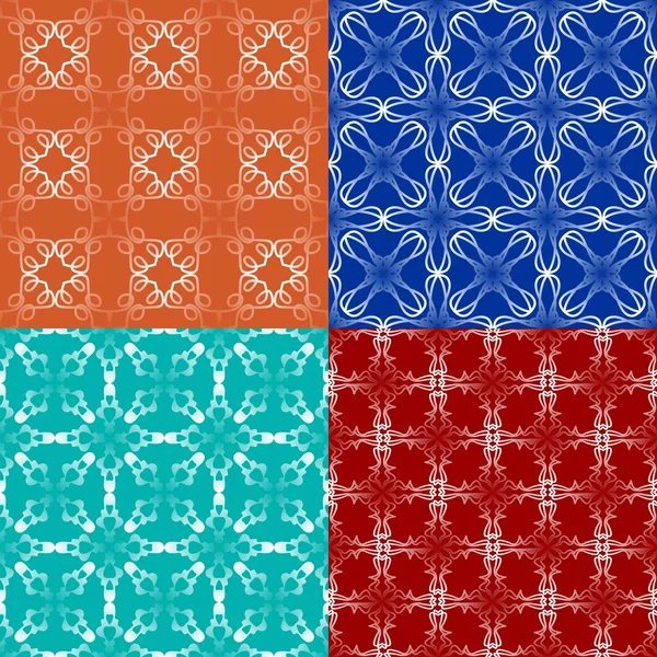 Swatch collection, set of elegant white geometric patterned tiles. Classic background in art deco style in orange, blue, turquoise and dark red. — Stock Vector