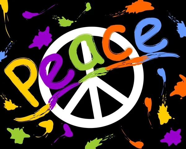 Grunge anti war flyer with anti war symbol in hippies retro style. Rainbow inscription peace and colorful spray splashes — Stock Vector