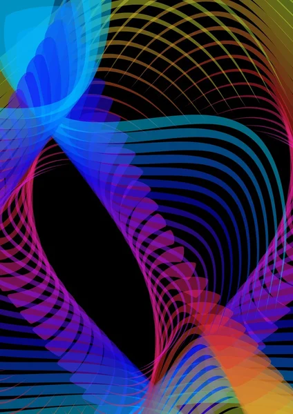 Fond noir abstrait psychédélique aux courbes multicolores ondulées qui se chevauchent — Image vectorielle