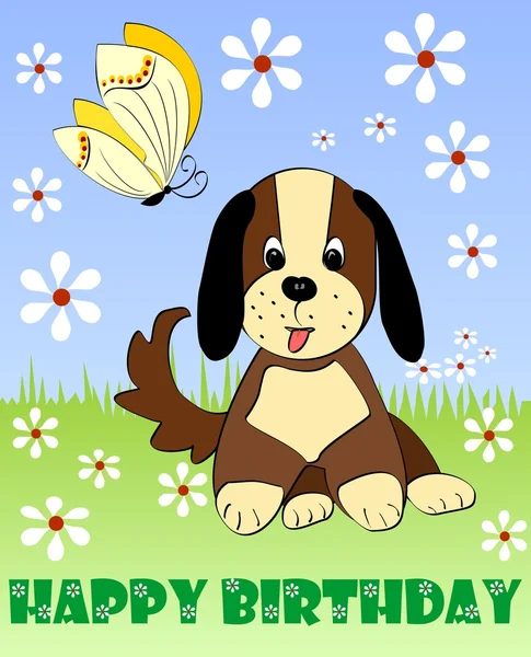 Všechno nejlepší k narozeninám karta, děti strany billboardu, Pozvánka narozeninový večírek s roztomilé štěně a žlutý motýl na louce s malými bílými květy. Pěkná dekorace na jaře narozeniny pozdrav — Stockový vektor