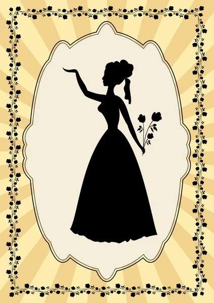 Czarny dama sylwetka w rama z motywem kwiatów w stylu art deco. Eleganckie stary plakat staroświecki, przydatne jako zaproszenie na bal, uroczystości, party, pozdrowienia — Wektor stockowy
