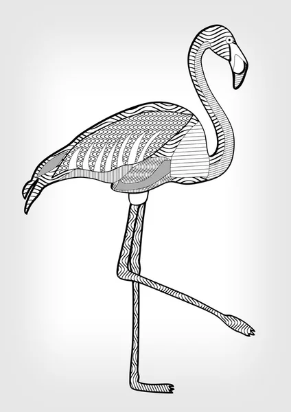 Flamingo em design eclodido, desenho de pássaro isolado com ornamento no corpo em fundo gradiente cinza, modelo de tatuagem — Vetor de Stock