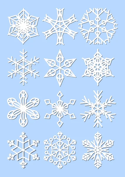 Set of snowflakes, monoline design with fine shadow. Winter design elements on light blue background. — Stock Vector