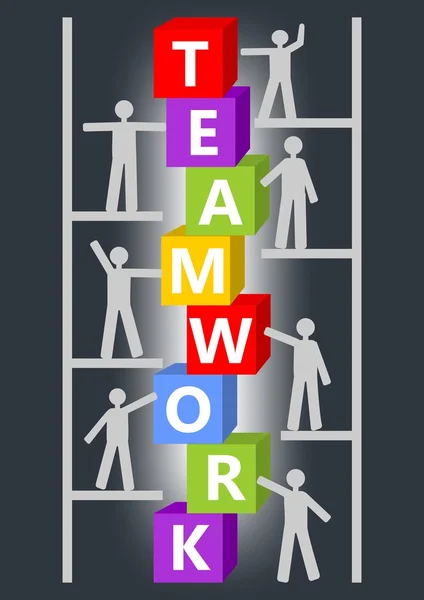 Diapositive de présentation de travail d'équipe avec inscription sur des cubes colorés et des personnages sur un échafaudage ou une échelle. Image ressemblant à un kit de construction, complément graphique à la formation — Image vectorielle