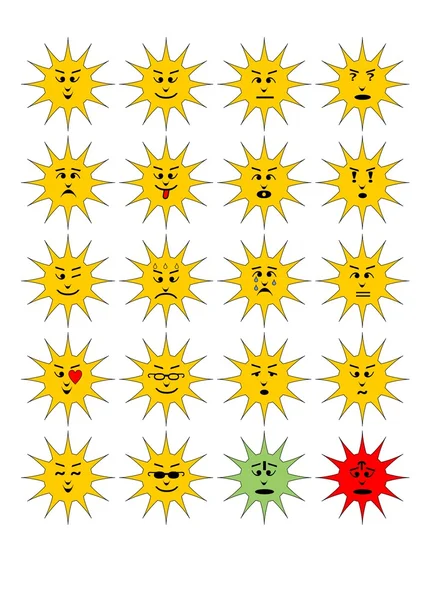 Satz von Sonnen-Emoticons, Sammlung isolierter Vektor-Emojis. — Stockvektor