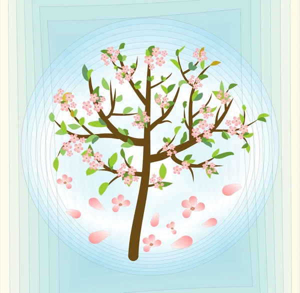 ピンクの花、ブルーの抽象的な背景、ベクター デザイン要素の春のテーマを持つツリー — ストックベクタ