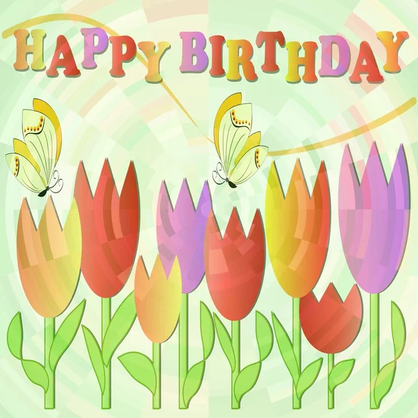 Happy birthday billboard with cheerful multicolored tulips and butterflies — Stock Photo, Image