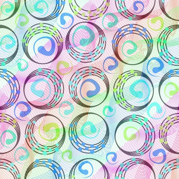 Colorful patterns with rainbow line waves and circles with multicolored dots — Stock Photo, Image