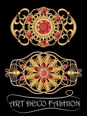 Art deco Broş kırmızı taşlar, ruby veya garnet, altın Telkari antika mücevher ile. Muhteşem goldsmith çalışma, mücevher pirinç yapılmış.