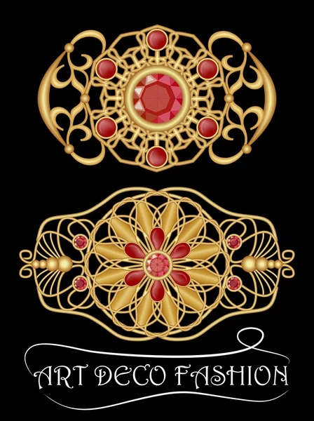 Broche Art deco con gemas rojas, rubí o granate, antigua joya de filigrana de oro. Magnífica orfebrería, joyería hecha de bronce — Vector de stock