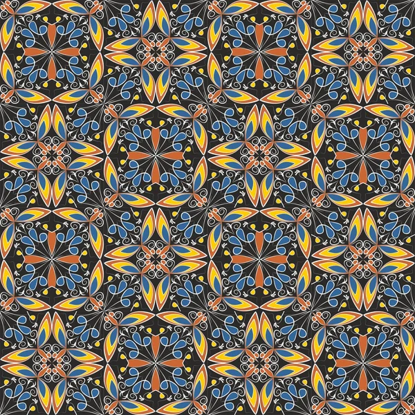 Tapete colorido oriental fino ou ornamento cerâmico em cores laranja e azul com curvas brancas em fundo preto, padrões geométricos simétricos vetoriais —  Vetores de Stock