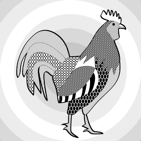 Gallo, disegno in bianco e nero. Foto incatenata di maestoso gallo su sfondo grigio a cerchio concentrico. Modello per tatuaggio, emblema del ristorante, marchio di allevamento di pollame, horoscop cinese — Vettoriale Stock