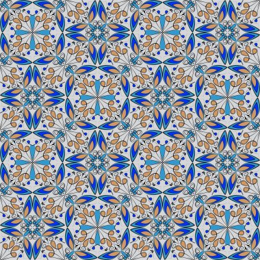 Oryantal renkli halı veya seramik süs siyah arka plan üzerine beyaz eğrileri ile turuncu ve mavi renklerde ince, simetrik geometrik desenler vektör