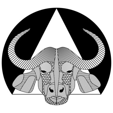 Buffalo, baş, siyah beyaz desenli taranmış bölümleri, dövme şablon, t-shirtler çizim simetrik yazdırma, kulüp totem veya amblem