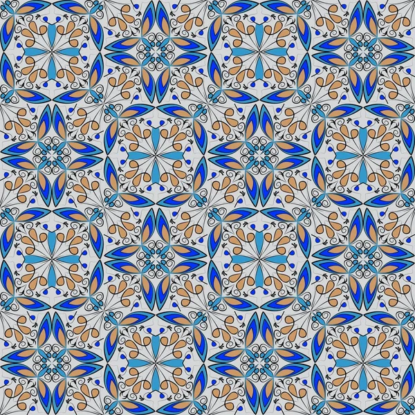 Дрібний східний барвистий килим або керамічний орнамент в помаранчевих і синіх кольорах з білими кривими на чорному тлі, векторні симетричні геометричні візерунки — стоковий вектор