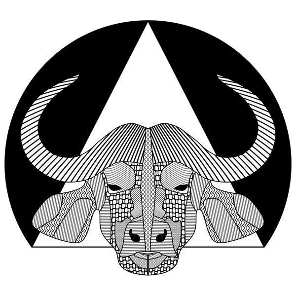 Buffalo hoofd, zwart-wit symmetrische tekening met gedessineerde gearceerde delen, tattoo sjabloon, T-shirts club totem, afdrukken of embleem — Stockvector