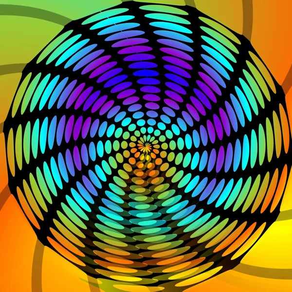 Psychedelic circle swirly shape, black drawing with rainbow rounded background, vivid expressive colors — Stock Photo, Image
