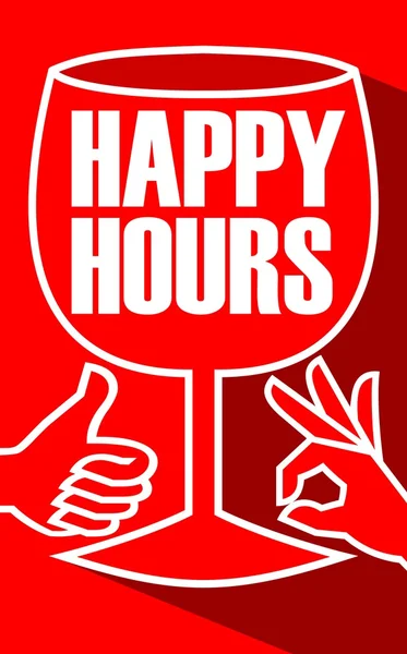 Happy hours billboard gestem vinné sklo a prst, plochý design bílé čáry výkresu s dlouhý stín na červeném pozadí. Pozvání do restaurace sleva čas — Stockový vektor