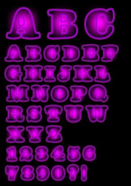 Neon purple uppercase alphabet on black background, bold font with purple backlight, numbers, question mark, exclamation mark included