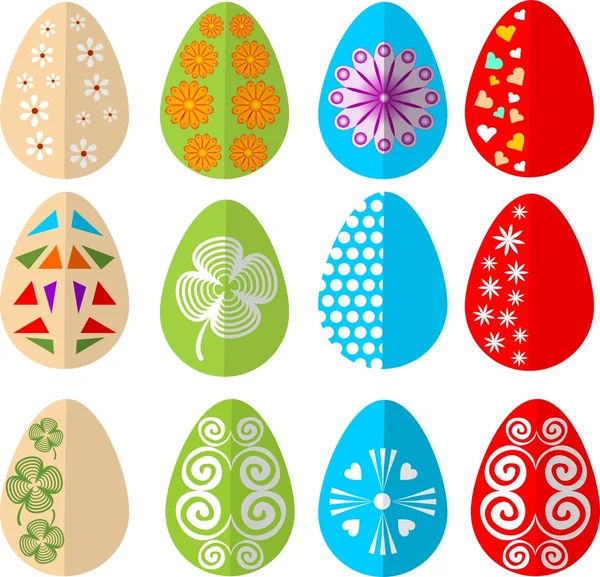 Easter colored eggs, design set in modern flat design. Diverse colors and patterns — Stock vektor