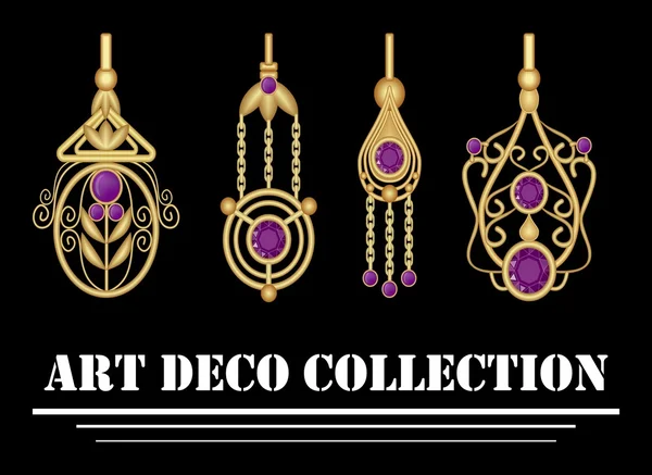 Collection of elegant gold earrings with purple amethyst gem in art deco. Symmetric classic design, jewel for festive occasions. — Stock vektor
