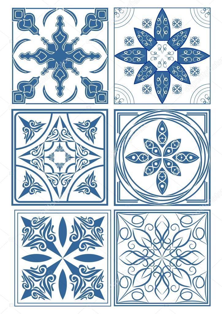 Set of vintage ceramic tiles in azulejo design with blue patterns on white background, traditional Spain and Portugal pottery 