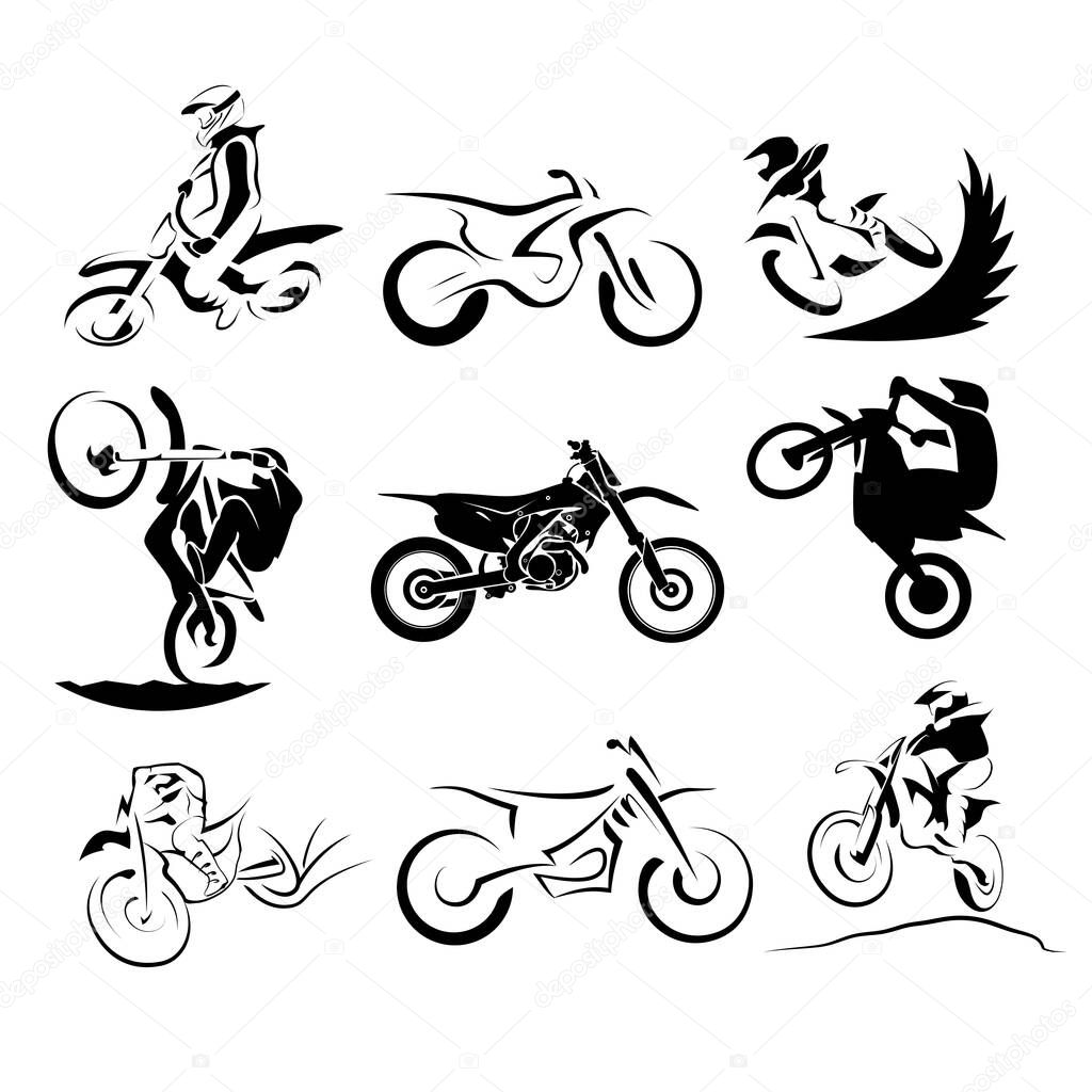Offroad motorcycle silhouette set 9x eps illustration black icons design