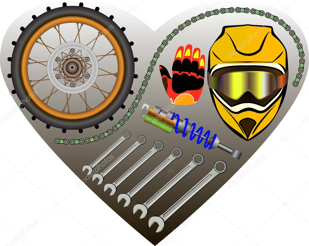 Set of tools and motorcycle parts, I like moto, vector illustration