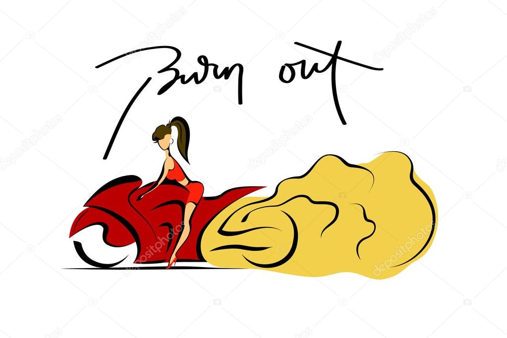 Extreme sport, brave woman on motorcycle, stunt burn-out, vector illustration