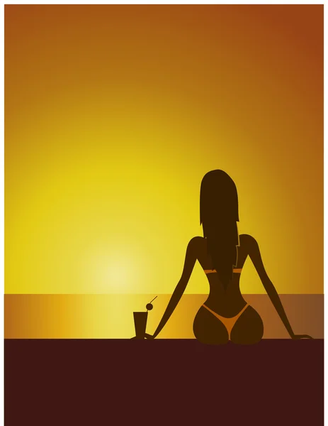 Fille avec cocktail sur la mer — Image vectorielle