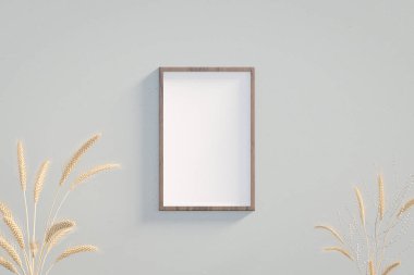 Duvarda, buğday kulaklı iç dekorun yakınındaki resim çerçevesi. 3B görüntüleme şablonu en düşük biçimdeName.