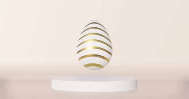 Easter Egg Golden Stripes Pattern Rotates Soars Beige Background Podium — Video