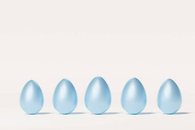 Boyanmış mavi Paskalya yumurtaları, bej nötr arkaplan, bahar nisan bayramı kartı, izometrik 3d çizim