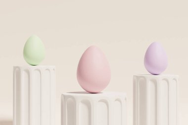 Bej sütun podyumlarına pastel renklerle boyanmış Paskalya yumurtaları, bahar tatili kartı, 3 boyutlu illüstrasyon.