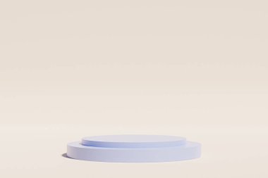 Mavi podyum ya da bej arkaplan üzerindeki ürünler veya reklamlar için kaide, asgari 3d illüstrasyon