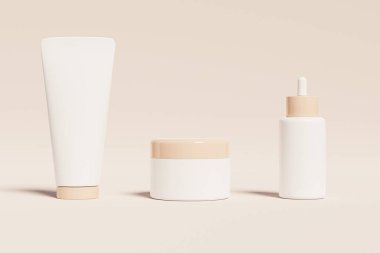 Kozmetik ürünleri için plastik şişe, tüp ve kavanoz, bej arka planda maket veya reklam, en az 3d illüstrasyon çizimi
