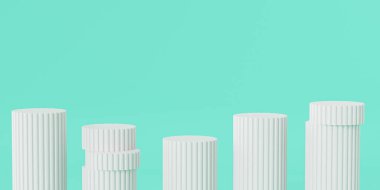 Beyaz sütun podyumları veya ürünler veya reklamlar için kaideler, turkuaz arka plan, en az 3d illüstrasyon canlandırması