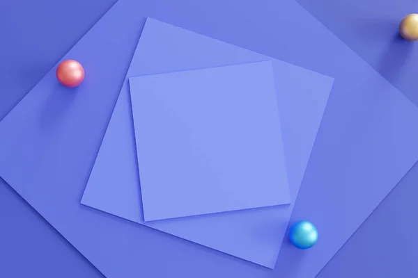Kare Şekilli Kağıt Kartlar Renkli Kürelerle Soyut Geometrik Mavi Arkaplan — Stok fotoğraf