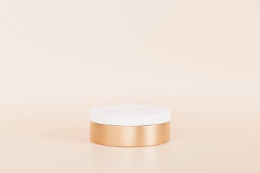 Beyaz ve altın podyum ya da bej arka planda ürün veya reklamlar için kaide, en az 3d resim çizimi