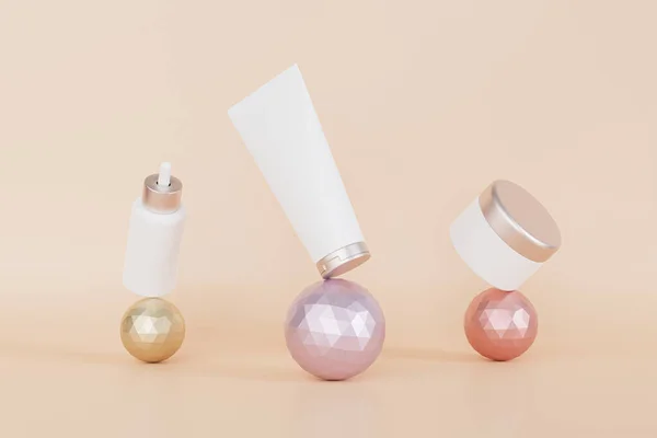 化妆品用调酒瓶 乳液管和奶油罐或金属球广告平衡 3D插图渲染 — 图库照片