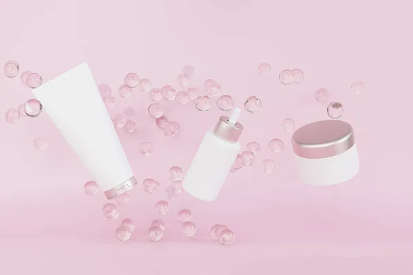 Mockup Droppflaska Lotion Röret Och Grädde Burk För Kosmetiska Produkter — Stockfoto