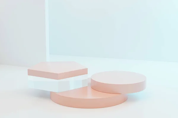 Pastel mavi arkaplan üzerindeki ürünler veya reklamlar için bej podyumlar veya kaideler, en az 3d illüstrasyon oluşturma
